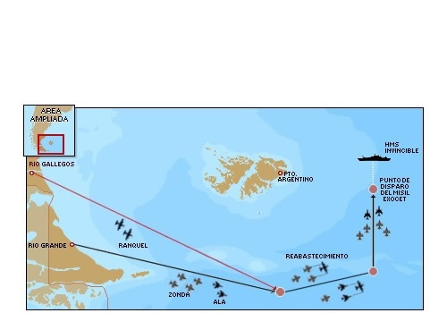 Gráfico que recrea el ataque aéreo al portaviones HMS Invincible (R05) en 1982